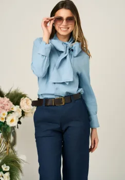 Camasa office din denim bleu cu funda maxi imagine