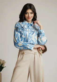 Camasa office din satin ivory cu imprimeuri albastre si floare maxi imagine