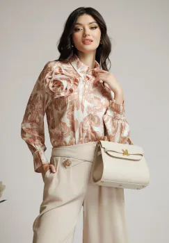 Camasa office din satin ivory cu imprimeuri bej si floare maxi imagine