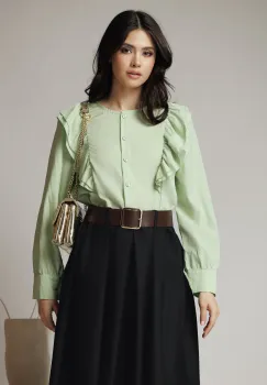 Camasa office din viscoza verde cu volane pe bust imagine