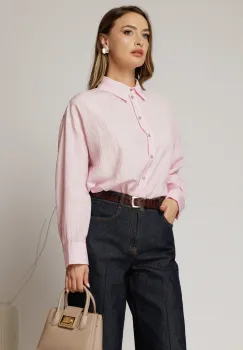 Camasa roz cu dungi cu maneci lungi si croi oversize imagine