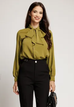 Camasa verde lime lejera din triplu voal cu guler tip esarfa imagine