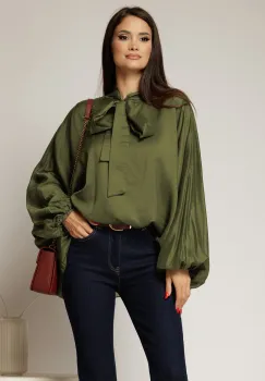 Camasa verde olive din tencel cu maneca ampla si guler tip esarfa imagine