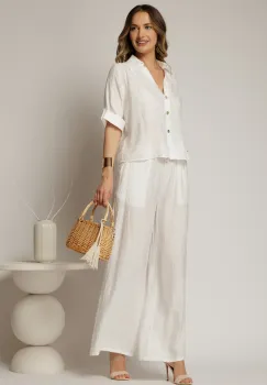 Compleu alb de vara din camasa si pantaloni din viscoza creponata imagine