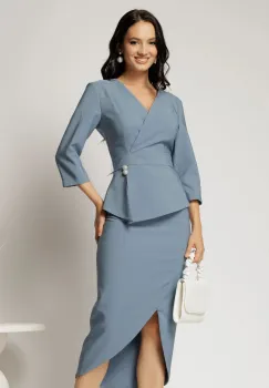 Compleu albastru dama format din sacou cu peplum si fusta cu slit asimetric imagine
