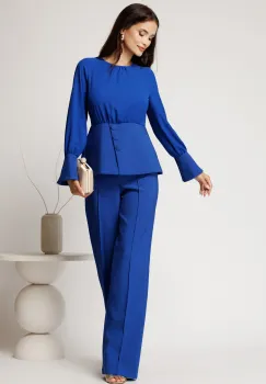 Compleu albastru din stofa cu bluza din voal cu peplum si pantaloni lejeri imagine