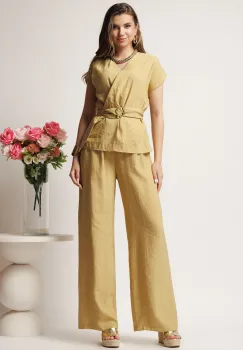 Compleu bej din doua piese cu pantaloni lejeri si bluza cu decolteu si cordon in talie imagine