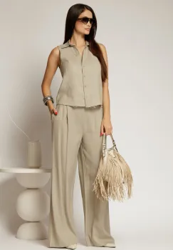 Compleu bej din in cu vesta si pantaloni evazati imagine