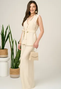 Compleu bej din viscoza cu vesta si pantaloni lejeri imagine