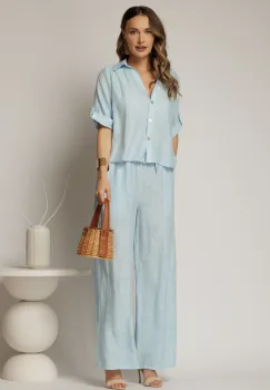 Compleu bleu de vara din camasa si pantaloni din viscoza creponata imagine