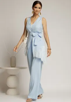 Compleu bleu din viscoza cu vesta cu aplicatii din dantelasi pantaloni imagine