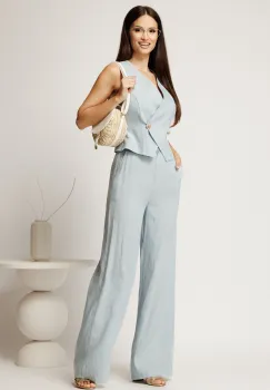 Compleu bleu din viscoza si adaos de in cu vesta cambrata si pantaloni lejeri imagine