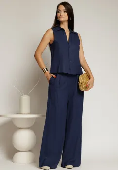 Compleu bleumarin din in cu vesta si pantaloni evazati imagine