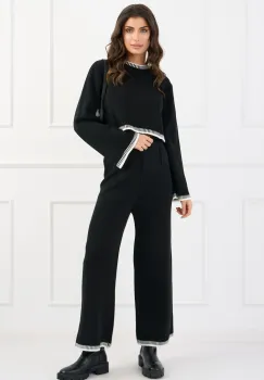 Compleu casual din tricot negru cu bluza si pantaloni evazati imagine