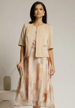 Compleu dama bej din sacou si rochie cu imprimeuri imagine