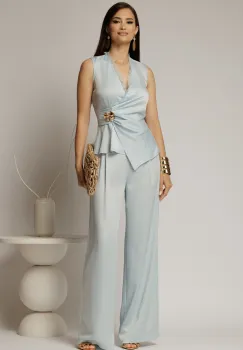 Compleu dama bleu din satin cu bluza cu dantela la decolteu si pantaloni imagine