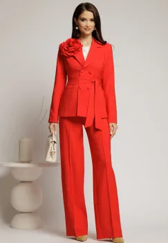 Compleu dama corai cu brosa florala detasabila format din sacou si pantalon imagine