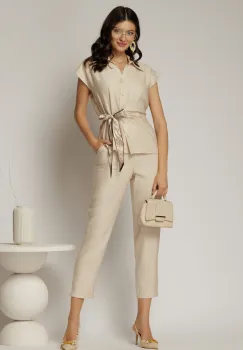 Compleu dama din viscoza bej cu pantalon si camasa cu funda in talie imagine