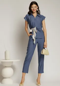 Compleu dama din viscoza bleumarin cu pantalon si camasa cu funda in talie imagine
