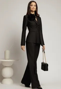 Compleu dama negru cu brosa florala detasabila format din sacou si pantalon imagine