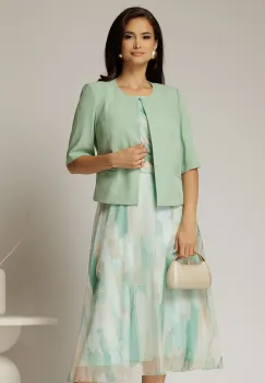 Compleu dama verde menta din sacou si rochie cu imprimeuri imagine
