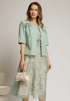 Compleu dama verde mint rochie cu imprimeuri si sacou imagine