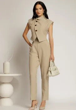Compleu DY Fashion bej cu pantaloni si vesta cu nasturi asimetrici imagine