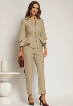 Compleu DY Fashion bej cu sacou cu peplum si inchidere cu nasturi imagine
