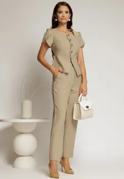 Compleu DY Fashion bej format din sacou cu nasturi si pantaloni imagine