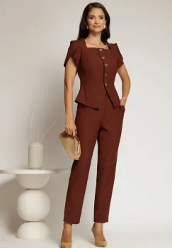 Compleu DY Fashion caramiziu format din sacou cu nasturi si pantaloni imagine