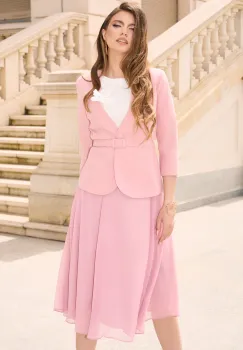 Compleu DY Fashion elegant roz cu fusta din voal si sacou din stofa imagine