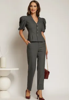 Compleu DY Fashion gri din sacou cambrat cu maneci bufante si pantalon imagine