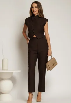Compleu DY Fashion maro cu pantaloni si vesta cu nasturi asimetrici imagine