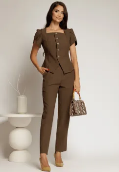 Compleu DY Fashion maro format din sacou cu nasturi si pantaloni imagine