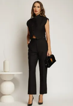Compleu DY Fashion negru cu pantaloni si vesta cu nasturi asimetrici imagine