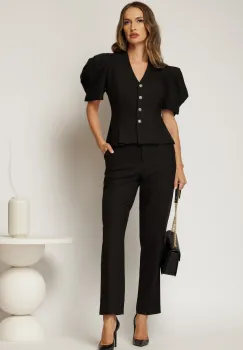 Compleu DY Fashion negru din sacou cambrat cu maneci bufante si pantalon imagine