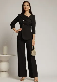 Compleu DY Fashion negru din sacou cu funda si nasturi perla si pantaloni imagine