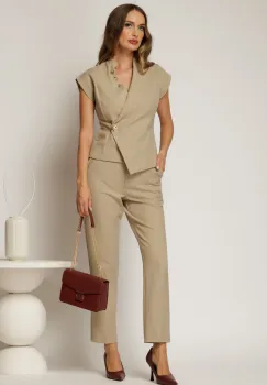 Compleu DY Fashion office bej cu vesta si pantaloni imagine