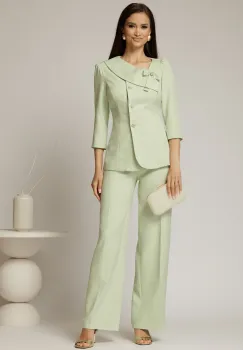 Compleu DY Fashion verde fistic din sacou cu funda si nasturi perla si pantaloni imagine