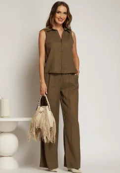 Compleu kaki din in cu vesta si pantaloni evazati imagine