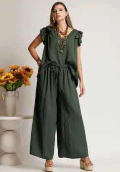 Compleu kaki din viscoza cu bluza si pantaloni lejeri imagine