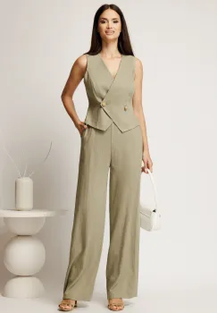 Compleu kaki din viscoza si adaos de in cu vesta cambrata si pantaloni lejeri imagine