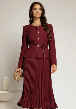 Compleu magenta format din fusta plisata si sacou cu lantisor decorativ imagine
