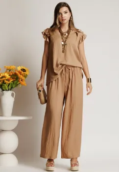 Compleu maro din viscoza cu bluza si pantaloni lejeri imagine