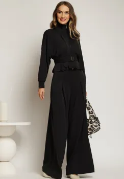 Compleu negru cu jacheta si pantaloni evazati cu pliuri imagine