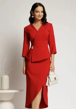 Compleu rosu dama format din sacou cu peplum si fusta cu slit asimetric imagine