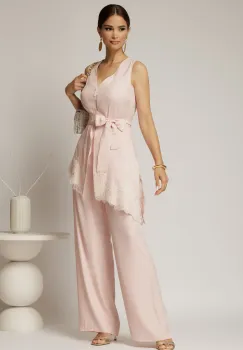 Compleu roz din viscoza cu vesta cu aplicatii din dantelasi pantaloni imagine