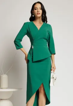 Compleu verde dama format din sacou cu peplum si fusta cu slit asimetric imagine
