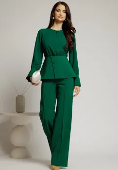 Compleu verde din stofa cu bluza din voal cu peplum si pantaloni lejeri imagine