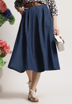 Fusta casual din denim albastru inchis cu buzunare si curea imagine
